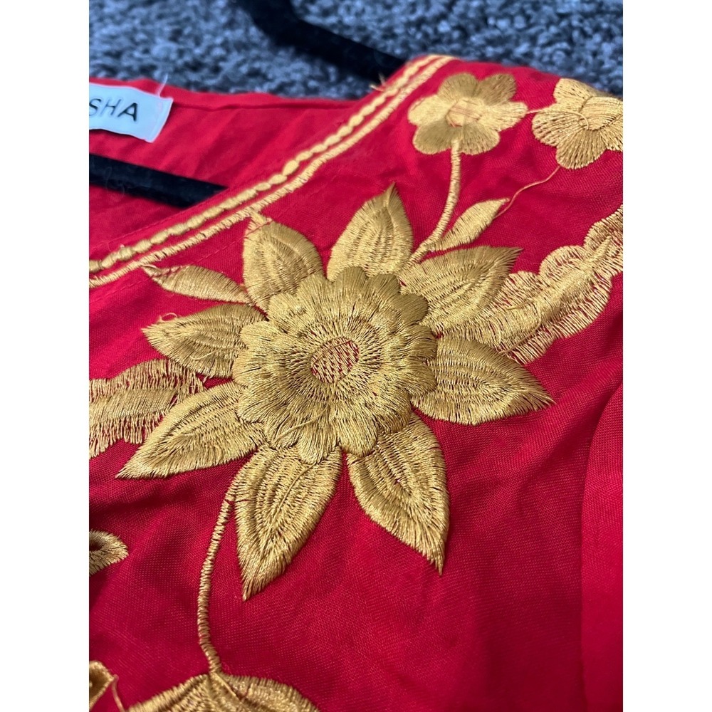 Asha Red Gold Floral Embroidered Tunic Dress Rayon Short Sleeve Boho One Size - Picture 9 of 16